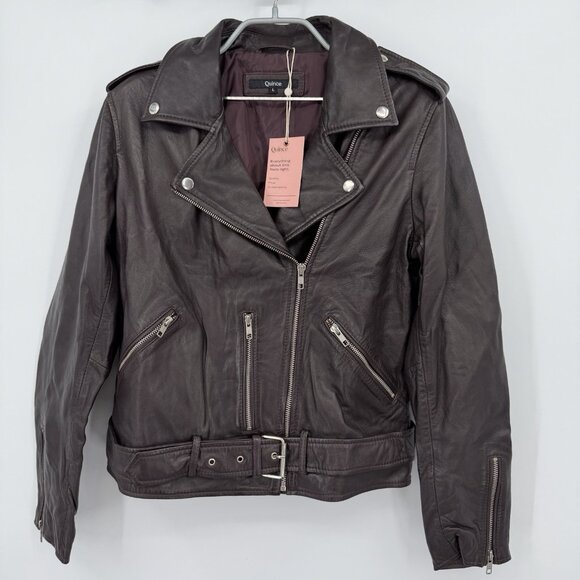 Quince Women's Port Leather Motorcycle Jacket size L Large Sheep Leather Belted - Picture 4 of 12